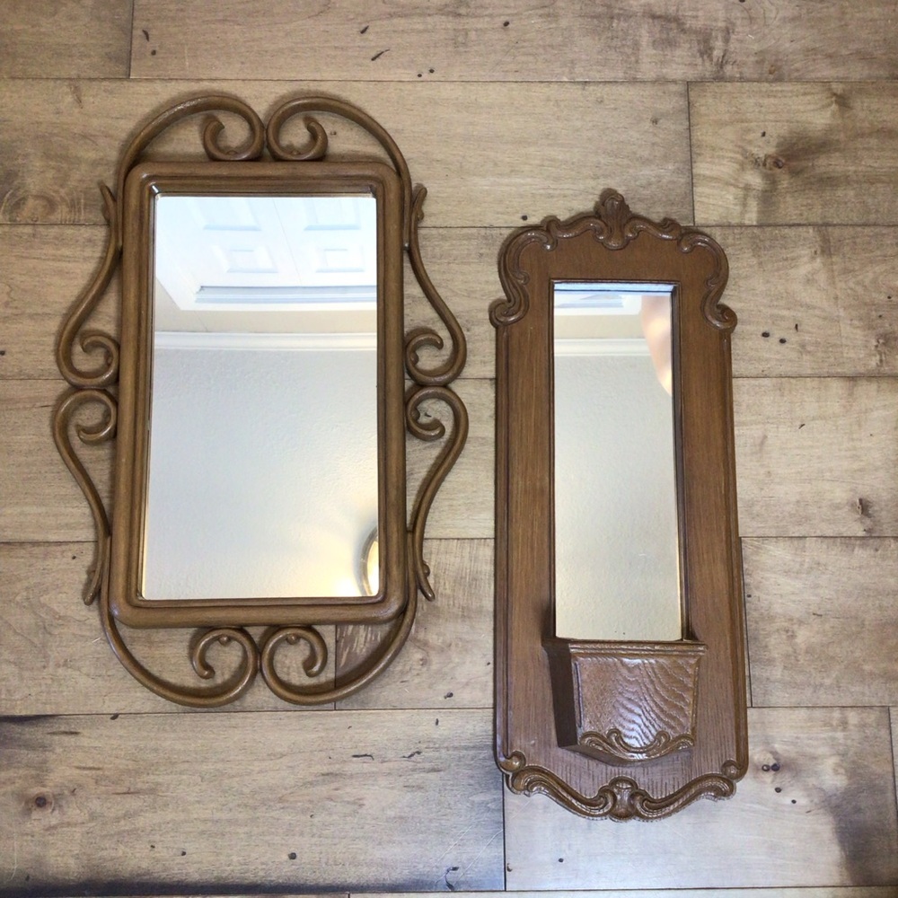Vintage Homco Syroco Faux Wood Rattan Wall Mirrors Set Pocket Planter Shelf 1981